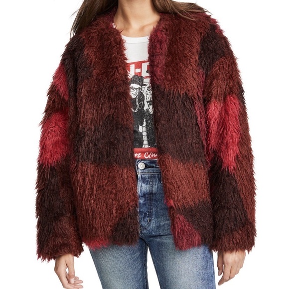 NEW IRO Sechura Patchwork-Effect Faux Fur Jacket *Mixed Red* Sz FR 44 / US 12 - Picture 3 of 16
